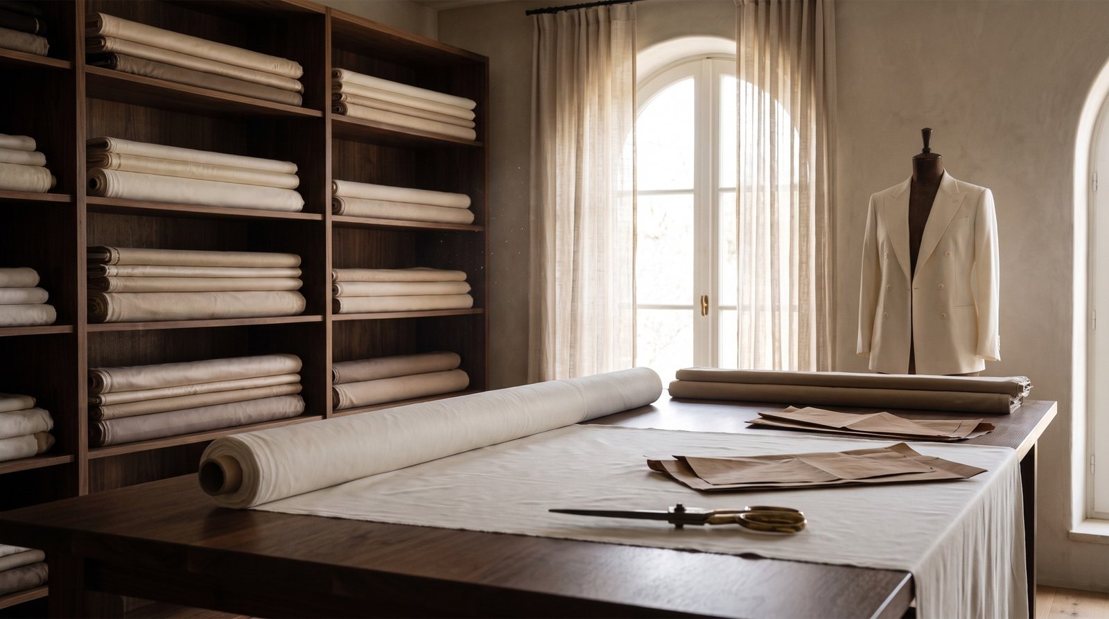 The L and L Tailors atelier: a long walnut cutting table with ivory cloth and paper patterns, the Ligne Ivoire suit on its dress form by the arched window