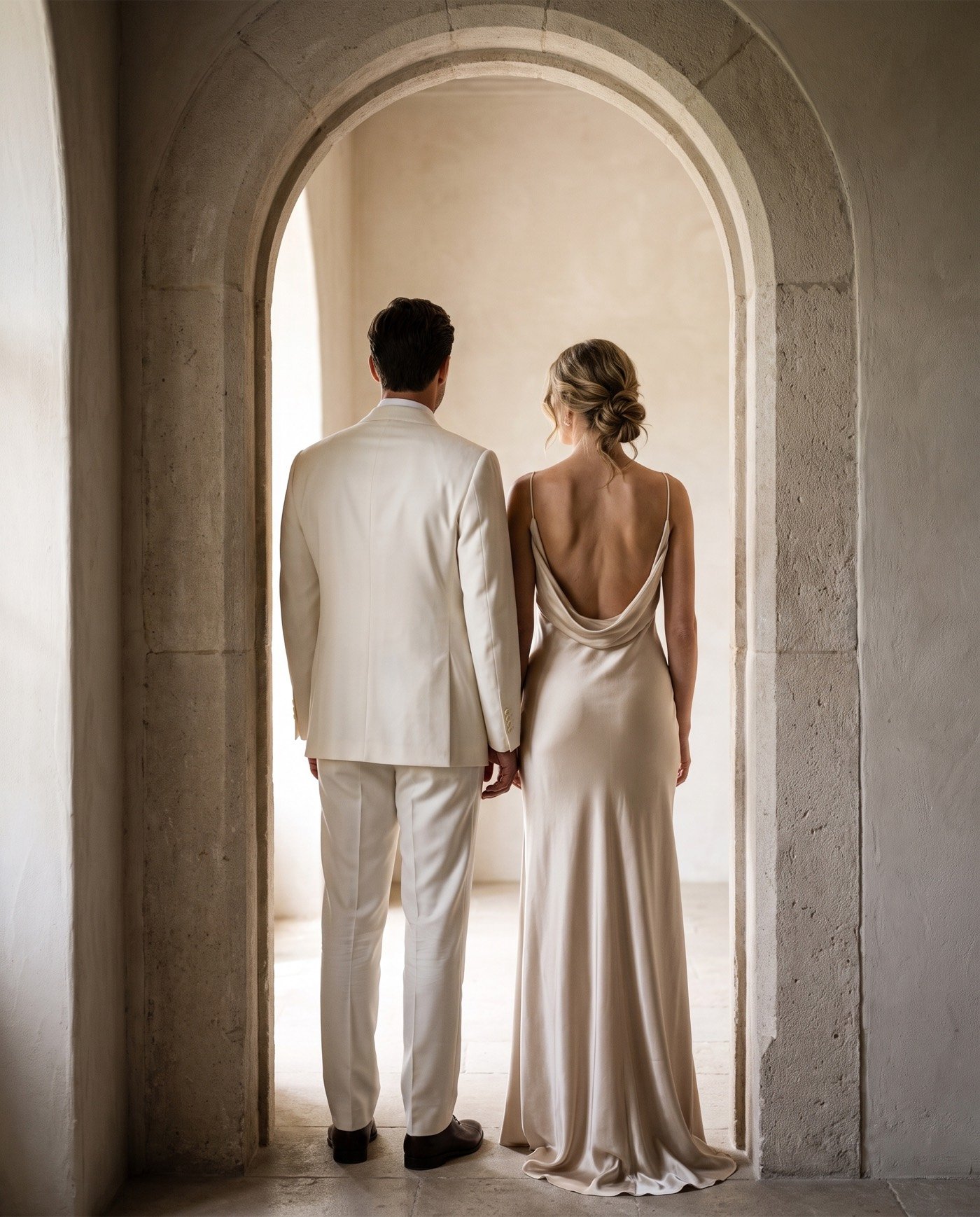 A couple seen from behind in a limewashed stone archway: the groom in the ivory suit, the bride in a champagne bias-cut silk gown