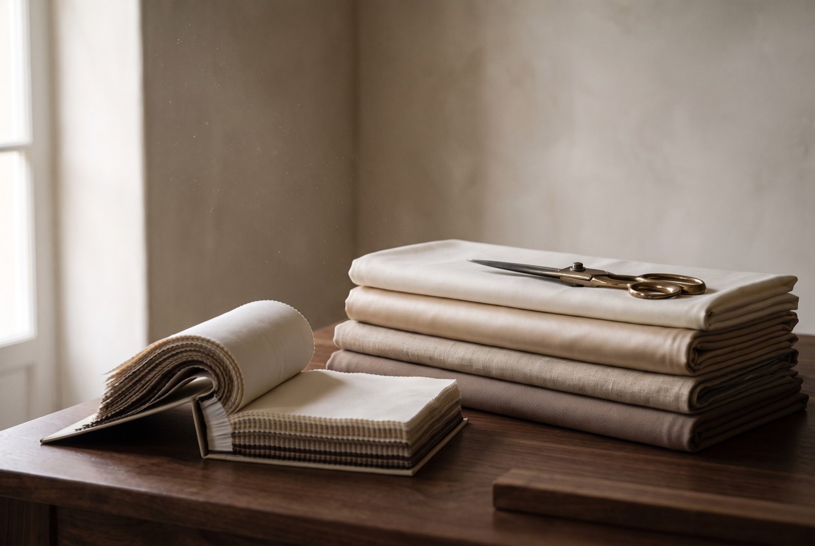 Folded lengths of ivory, champagne, sand and taupe cloth stacked on a walnut table beside an open swatch book and brass shears