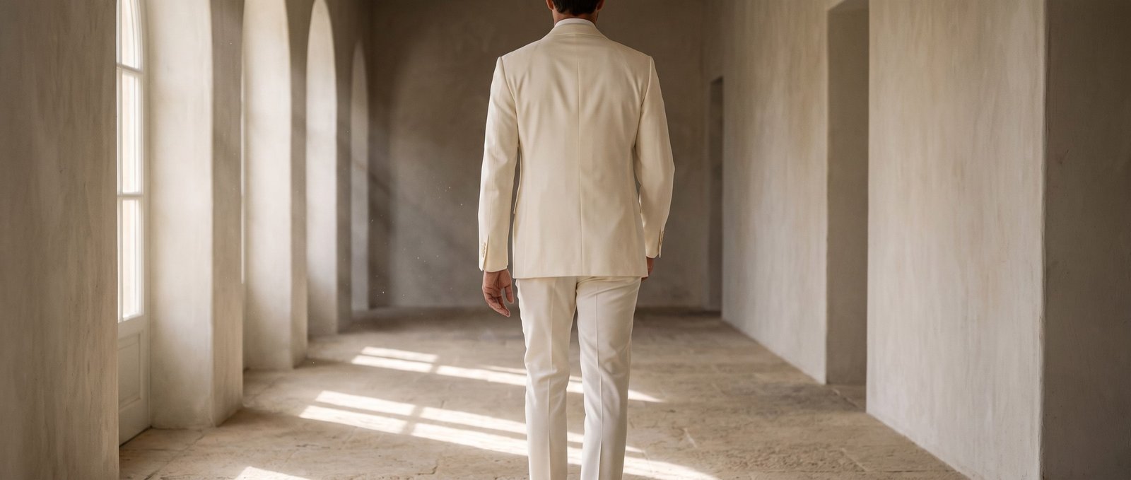A groom in the finished ivory Ligne Ivoire suit walks away down a sunlit limewashed stone corridor