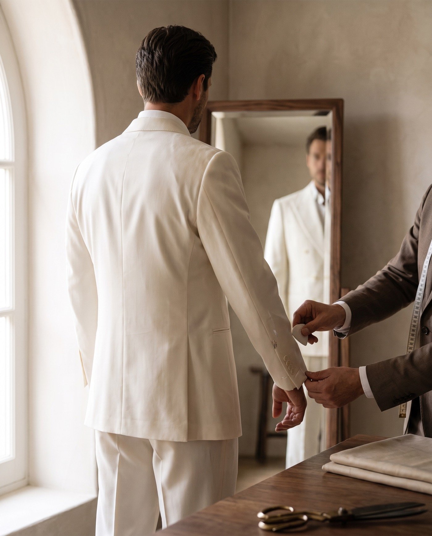A groom in the ivory Ligne Ivoire suit stands before a walnut mirror while a tailor chalk-marks his sleeve